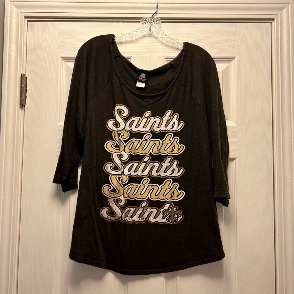 NFL Saints Dark Gray and Gold Distressed 3/4 Sleeve Tee